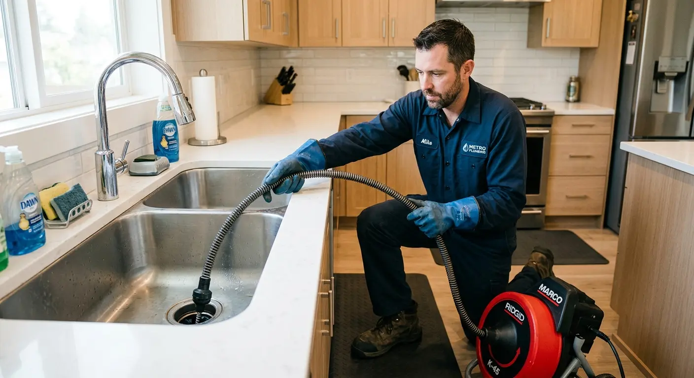 Drain cleaning technician using a motorized snake on a kitchen sink in Cicero