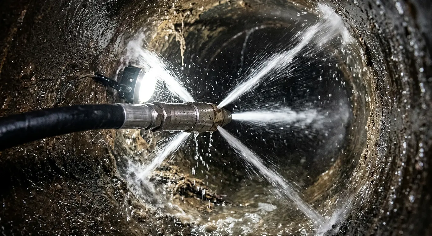 High-pressure hydro jetting nozzle cleaning sewer pipe for Trenchless Sewer Repair in Cicero
