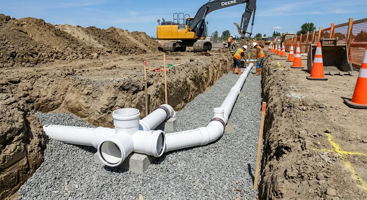 New PVC sewer pipe installation in open trench for Grease Trap Cleaning in Cicero
